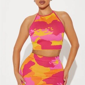 Vibrant Pink and Orange Halter Top & Skirt